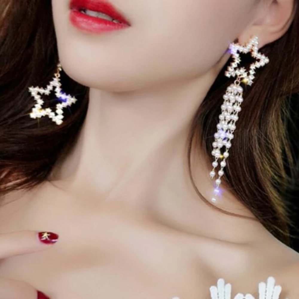 Crystal Pearl Beaded Star Tassels Stud Drop Dangle